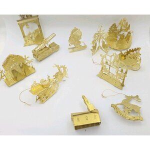 VTG set of 11 Ornaments metal gold tone Santa cats nativity mixed Lot READ